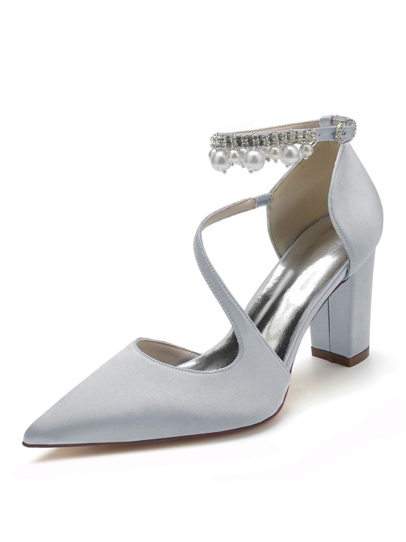 Brudskor Dam Pärlor Chunky Heel Pumps I Satin - Silver