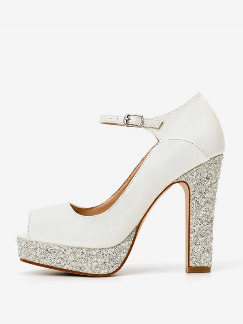 Brudskor För Kvinnor Pu-läder Ecru Vit Peep Toe Pearls - Beige