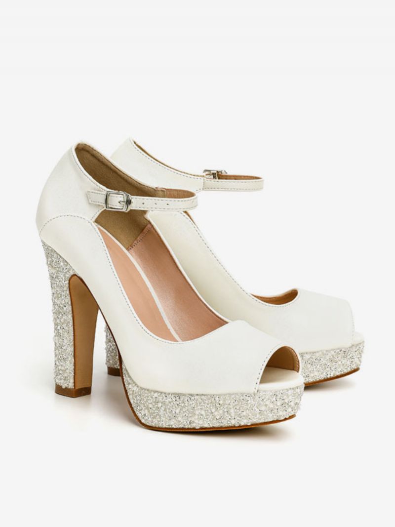 Brudskor För Kvinnor Pu-läder Ecru Vit Peep Toe Pearls - Beige