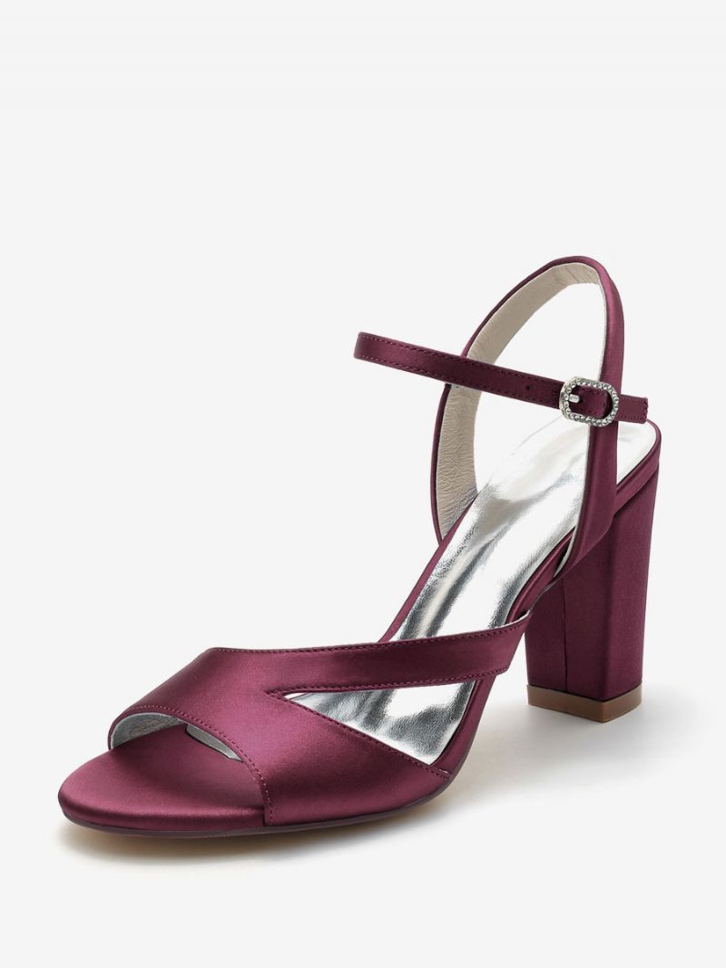 Brudskor För Kvinnor Satin Djupblå Peep Toe Chunky Heel - Bourgogne