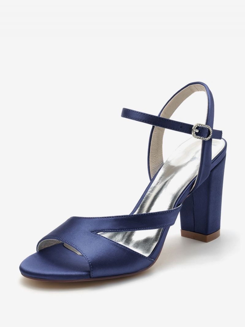 Brudskor För Kvinnor Satin Djupblå Peep Toe Chunky Heel - Djupblå