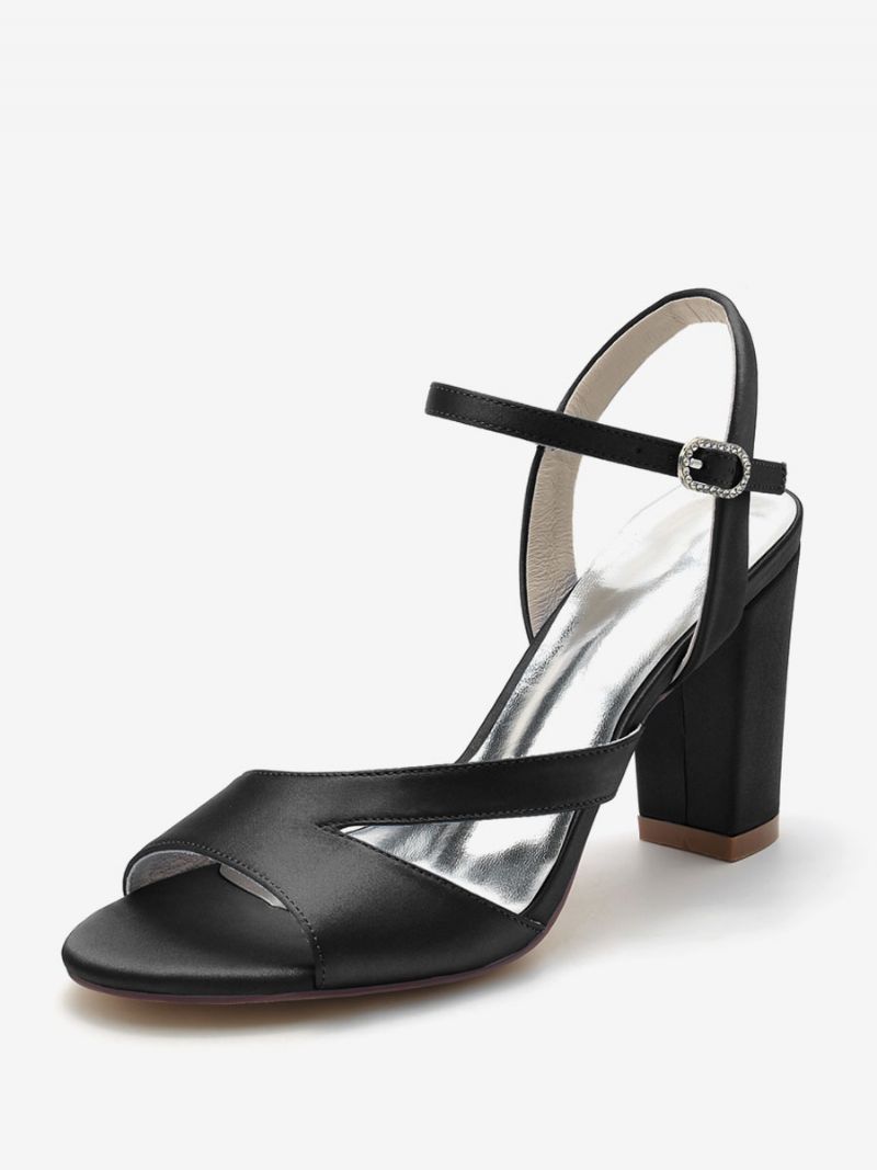 Brudskor För Kvinnor Satin Djupblå Peep Toe Chunky Heel - Svart