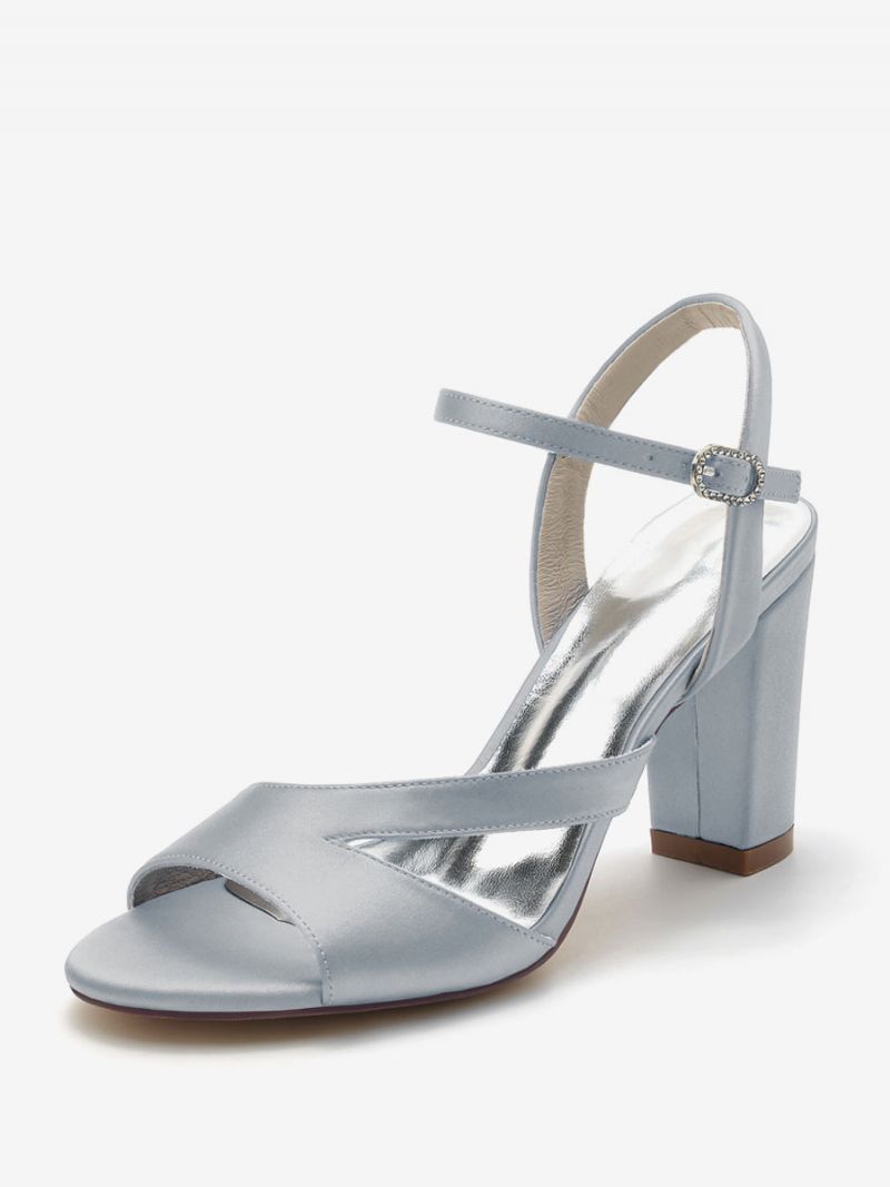 Brudskor För Kvinnor Satin Djupblå Peep Toe Chunky Heel - Silver