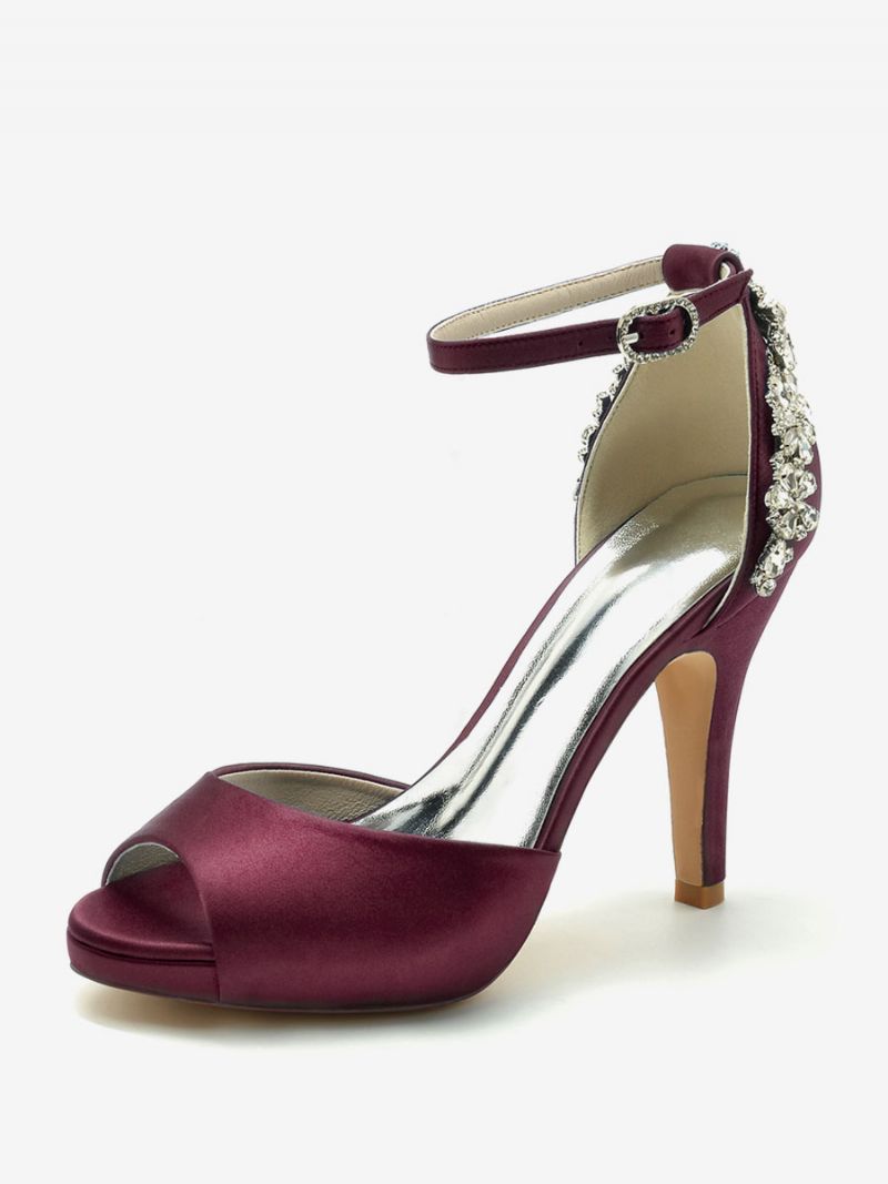 Brudskor För Kvinnor Satin Djupblå Peep Toe Strass Chunky Heel - Bourgogne