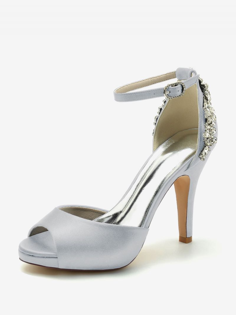 Brudskor För Kvinnor Satin Djupblå Peep Toe Strass Chunky Heel - Silver