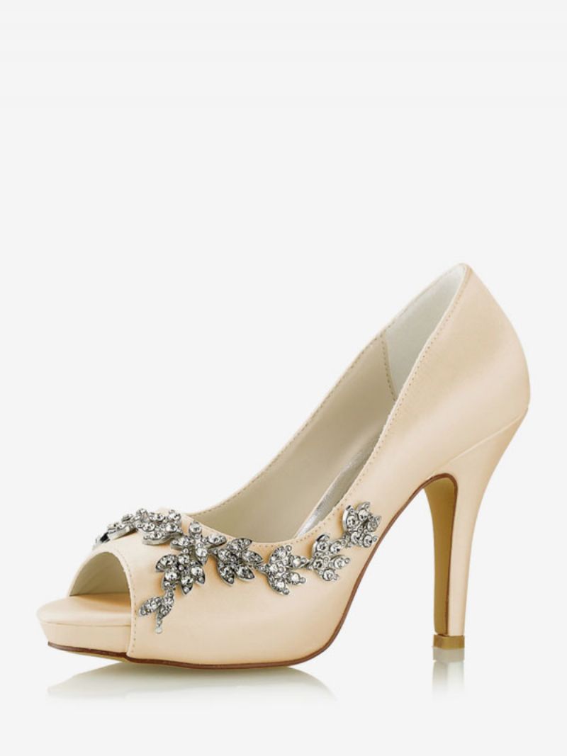 Brudskor För Kvinnor Satinvit Peep Toe Rhinestones Chunky Heel - Champagne