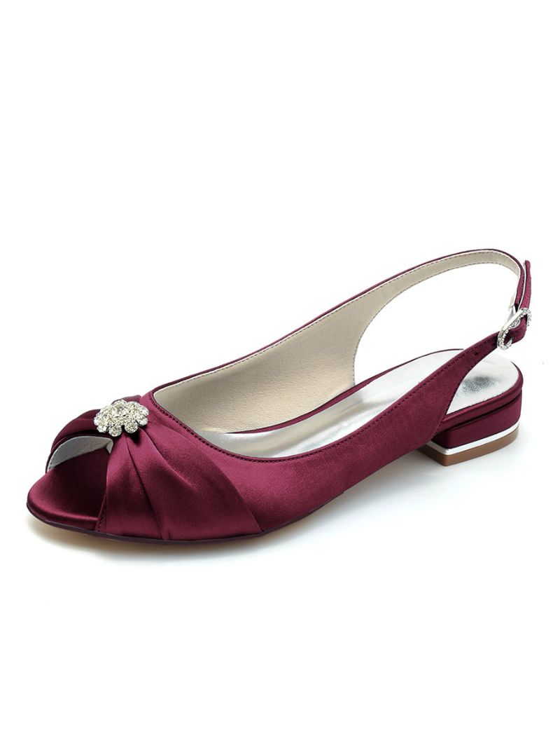 Brudskor För Kvinnor Strass Satin Peep Toe Platta - Bourgogne