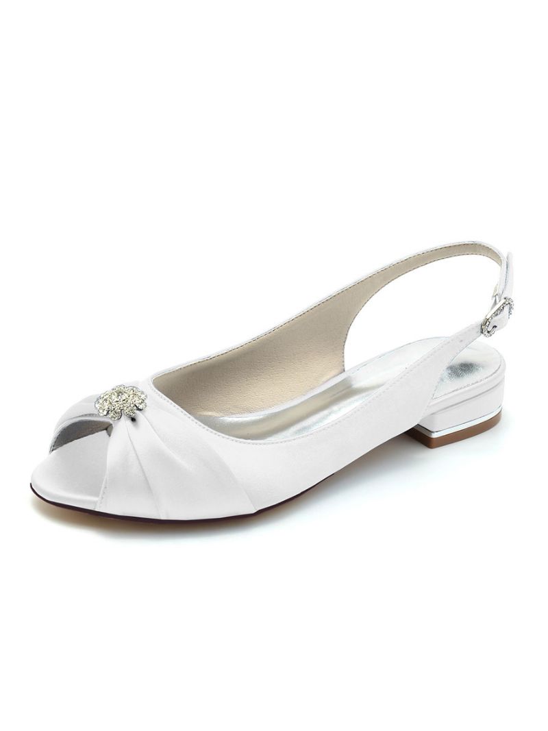 Brudskor För Kvinnor Strass Satin Peep Toe Platta - Vit