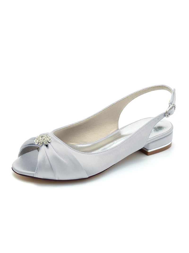 Brudskor För Kvinnor Strass Satin Peep Toe Platta - Silver