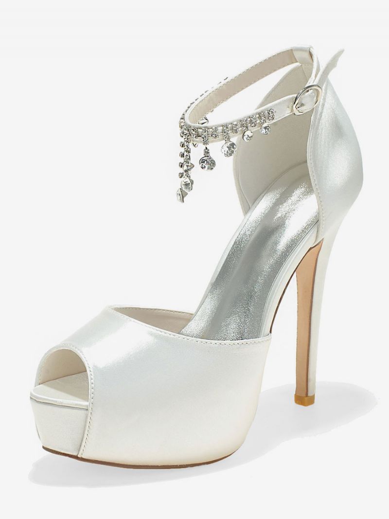 Dam Ankelrem Platform Bridal Pumps Peep Toe Stilettklackar I Satin