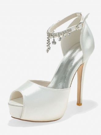 Dam Ankelrem Platform Bridal Pumps Peep Toe Stilettklackar I Satin