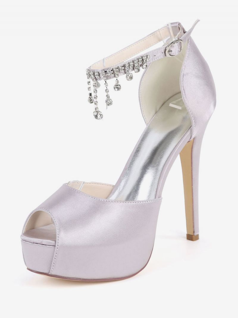 Dam Ankelrem Platform Bridal Pumps Peep Toe Stilettklackar I Satin - Ljusgrå