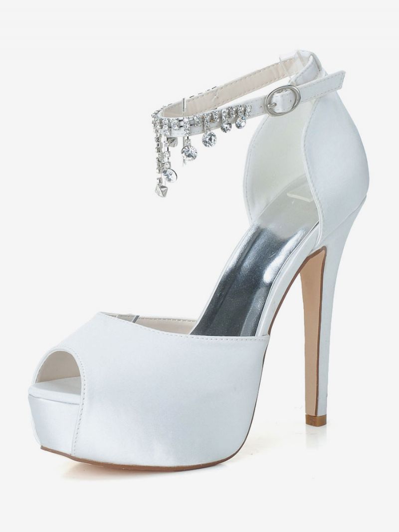 Dam Ankelrem Platform Bridal Pumps Peep Toe Stilettklackar I Satin - Vit