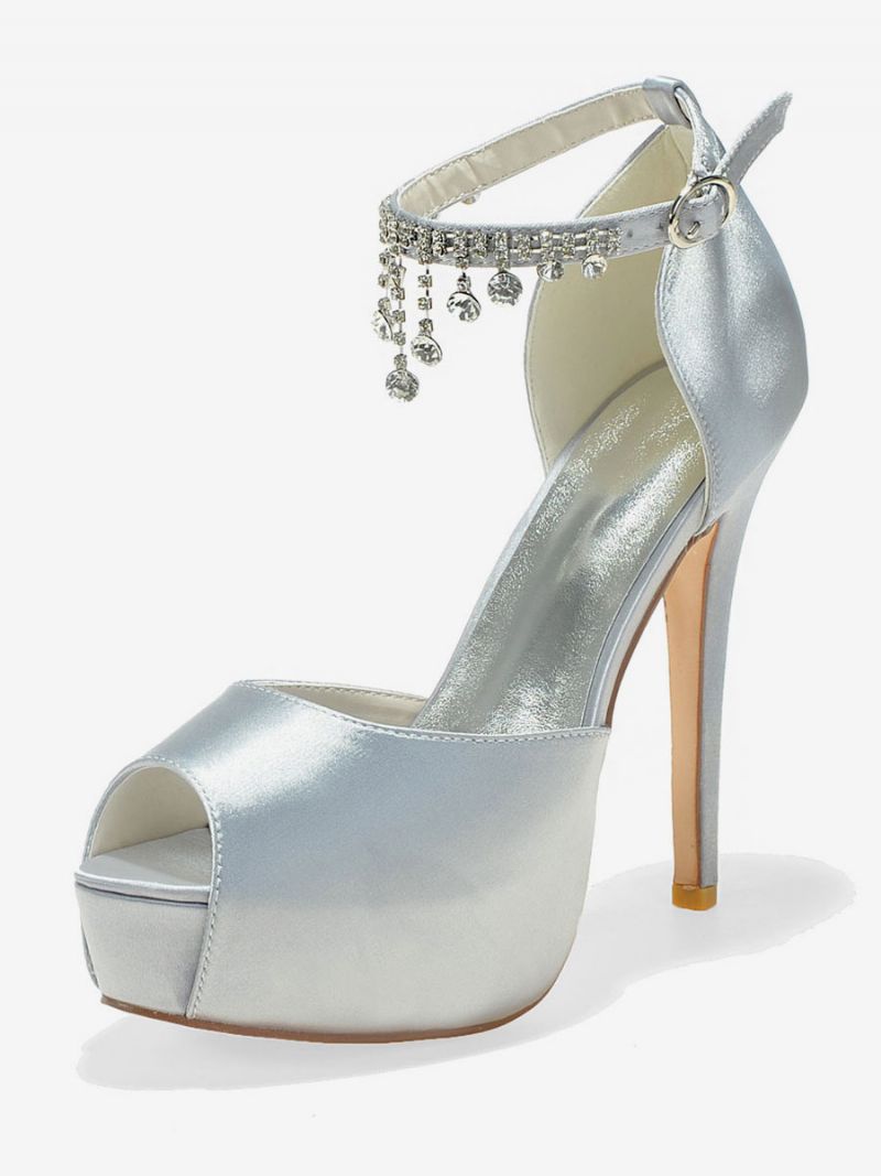 Dam Ankelrem Platform Bridal Pumps Peep Toe Stilettklackar I Satin - Silver