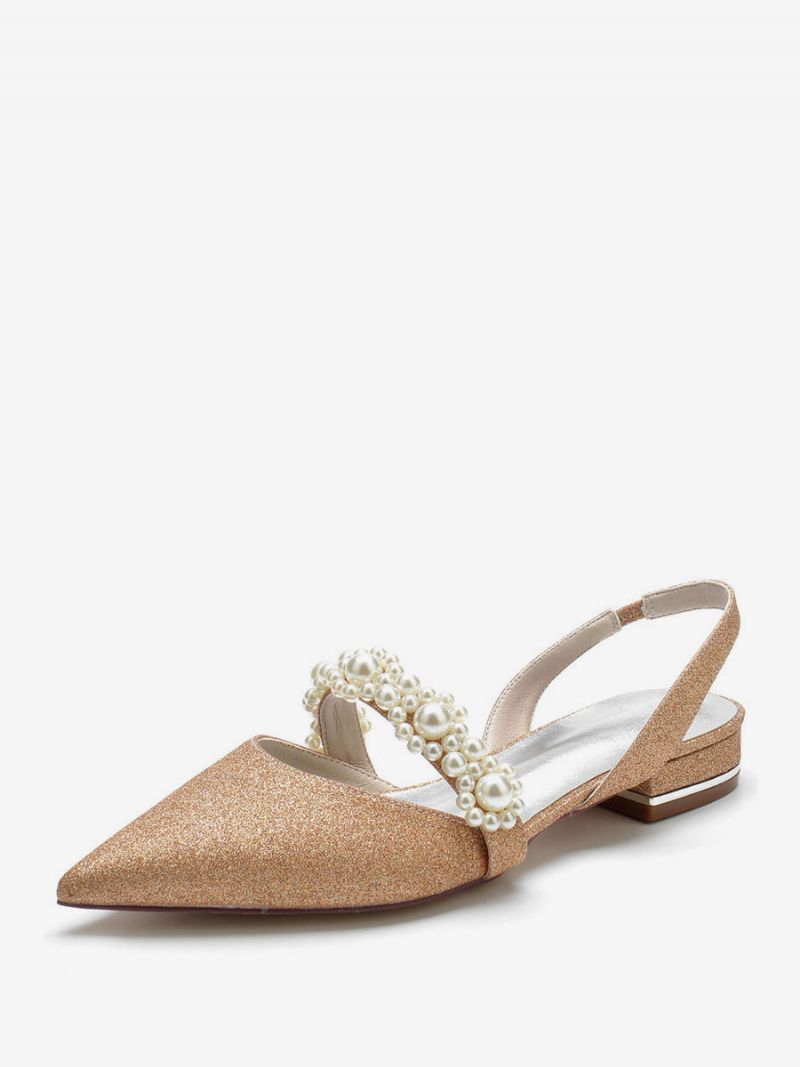 Dam Brudskor Pärlor Slingback Platta Skor - Champagne