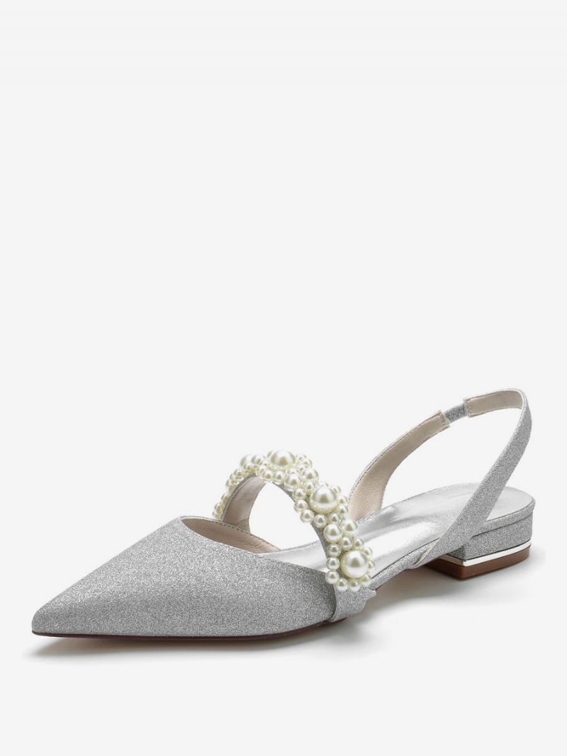 Dam Brudskor Pärlor Slingback Platta Skor - Silver