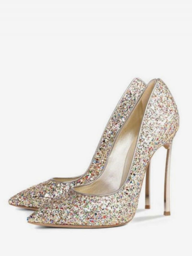 Dam Glitter Högklackat Pumps Evening Heels Balskor - Ljusguld