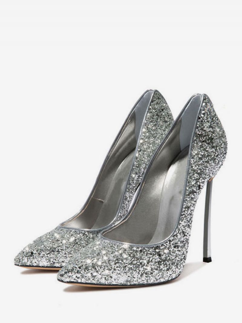 Dam Glitter Högklackat Pumps Evening Heels Balskor - Silver