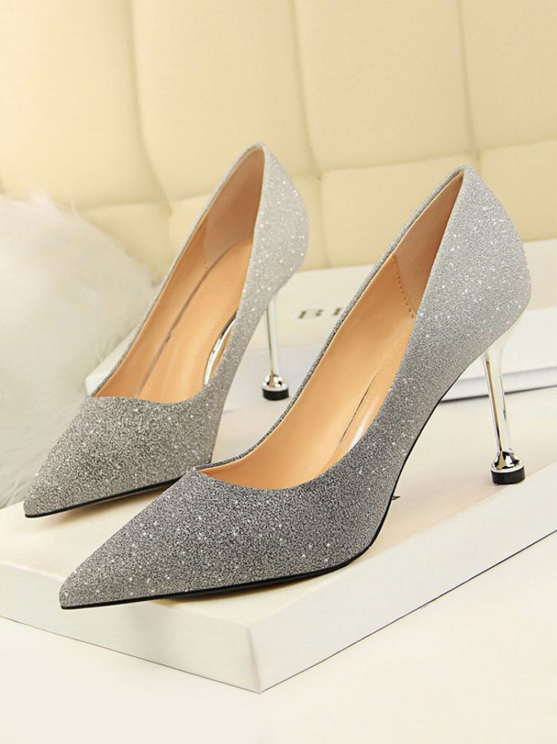 Dam Glitter Stiletto Heel Pumps Evening Balskor - Silver