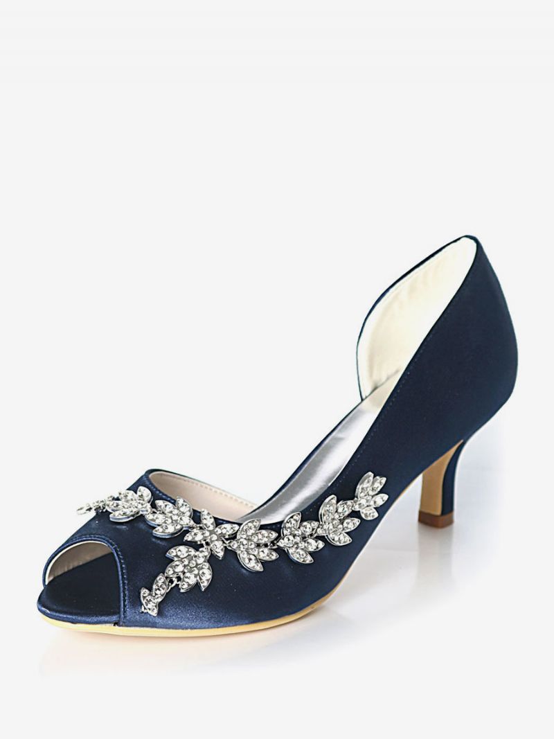 Dam Rhinestone Dorsay Bridal Pumps Kitten Heel - Mörk Marin