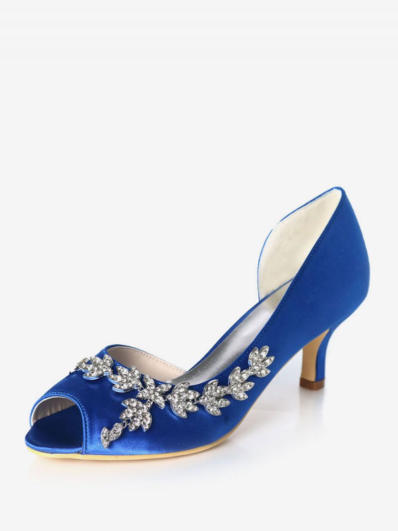 Dam Rhinestone Dorsay Bridal Pumps Kitten Heel - Blå