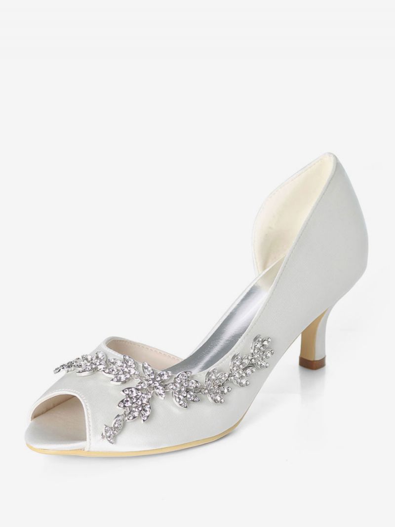 Dam Rhinestone Dorsay Bridal Pumps Kitten Heel - Vit