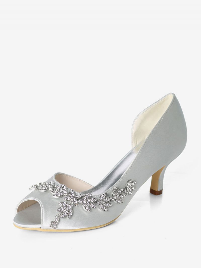 Dam Rhinestone Dorsay Bridal Pumps Kitten Heel - Silver