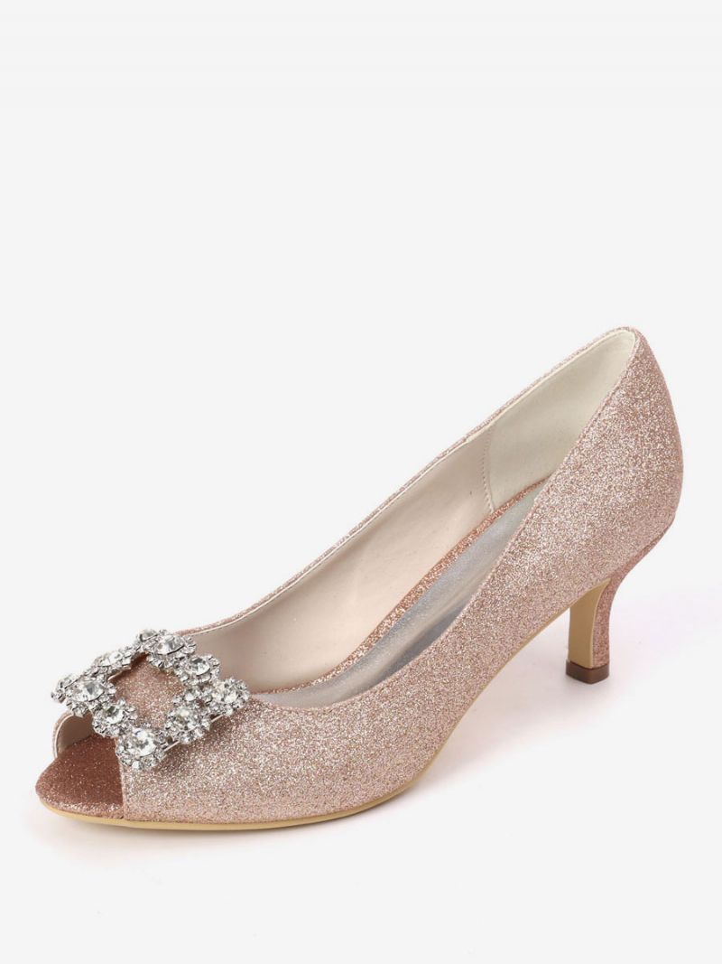 Dam Rhinestone Glitter Kitten Heel Bridal Pumps Peep Toe