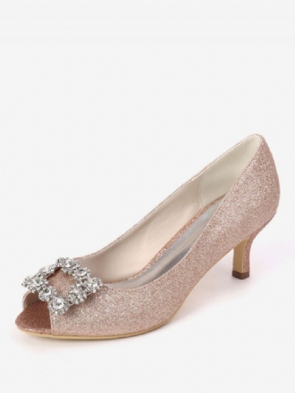 Dam Rhinestone Glitter Kitten Heel Bridal Pumps Peep Toe