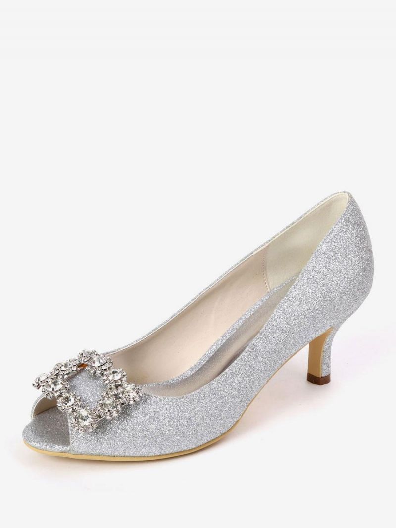 Dam Rhinestone Glitter Kitten Heel Bridal Pumps Peep Toe - Vit