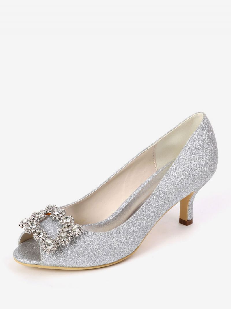 Dam Rhinestone Glitter Kitten Heel Bridal Pumps Peep Toe - Silver