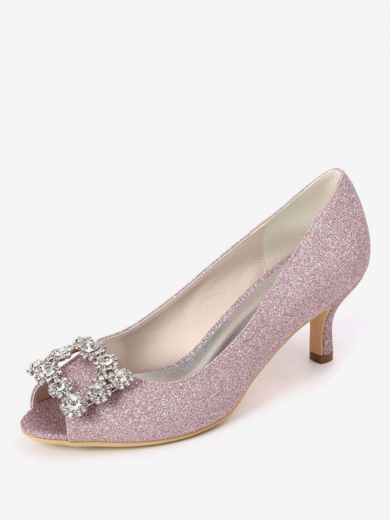 Dam Rhinestone Glitter Kitten Heel Bridal Pumps Peep Toe - Fuchsia Rosa