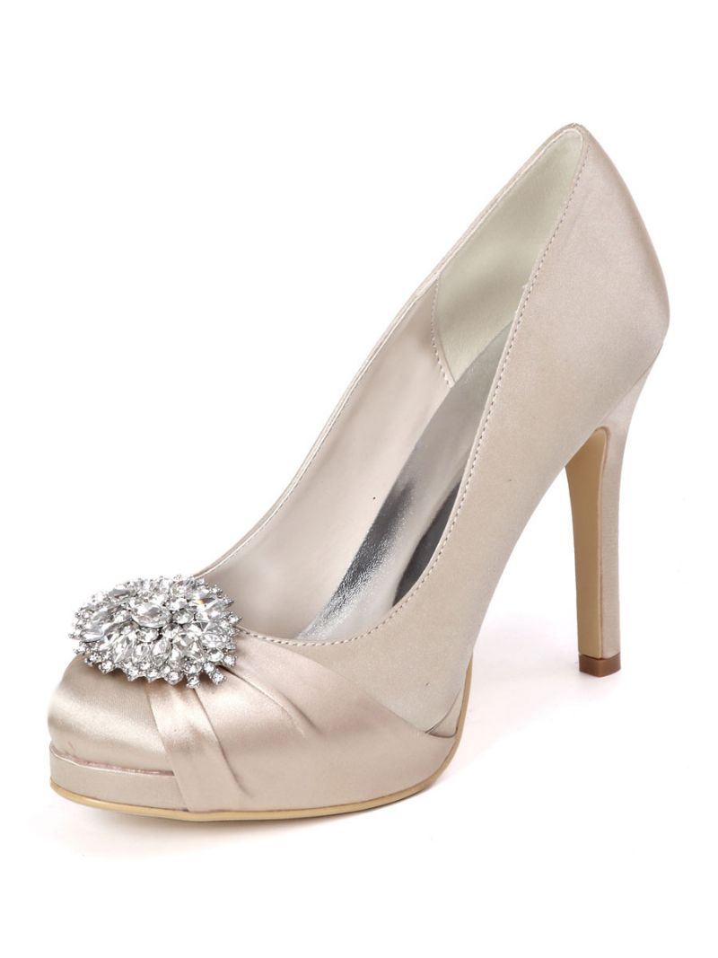 Dam Rhinestone Platform Bröllopsskor Klackade Pumps I Satäng - Champagne