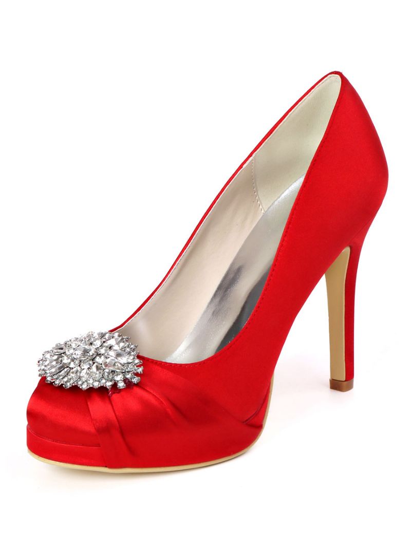 Dam Rhinestone Platform Bröllopsskor Klackade Pumps I Satäng - Ture Red