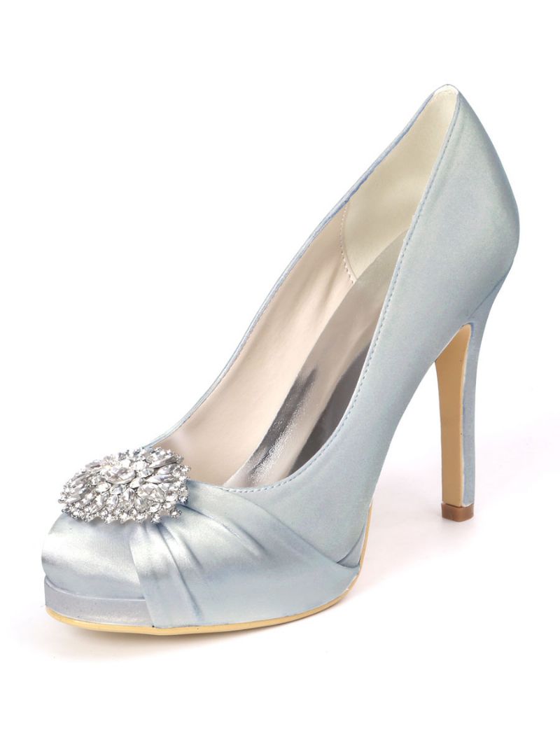 Dam Rhinestone Platform Bröllopsskor Klackade Pumps I Satäng - Silver