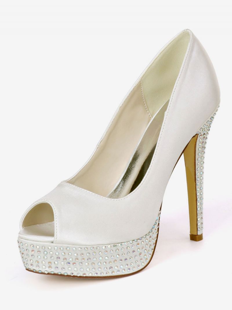 Dam Rhinestone Platform Peep Toe Bridal Pumps - Elfenben