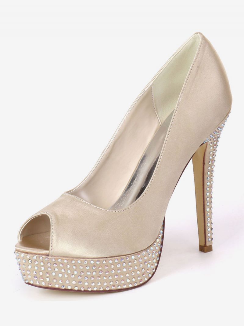 Dam Rhinestone Platform Peep Toe Bridal Pumps - Champagne