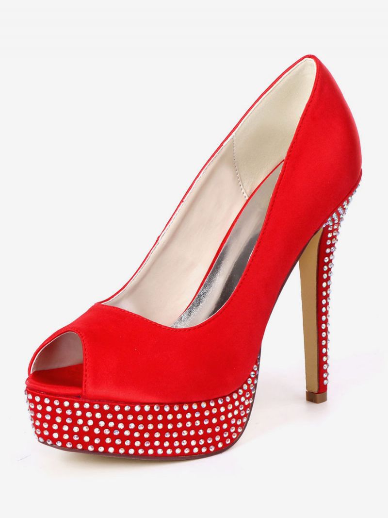 Dam Rhinestone Platform Peep Toe Bridal Pumps - Ture Red