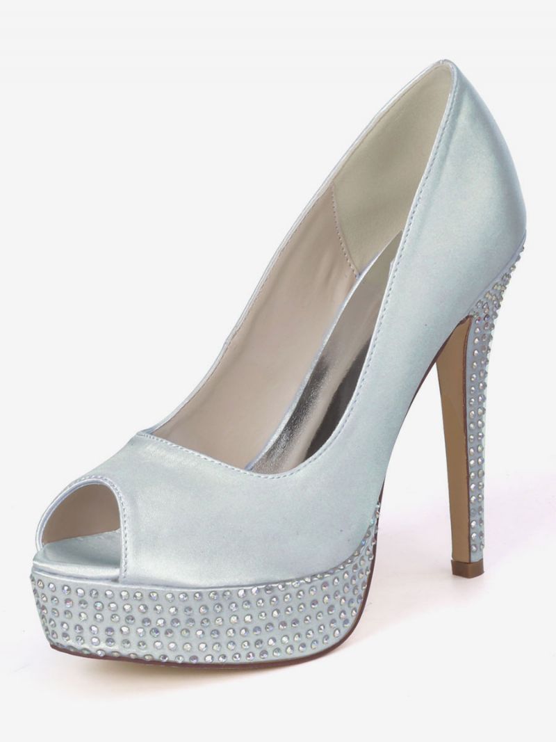 Dam Rhinestone Platform Peep Toe Bridal Pumps - Silver