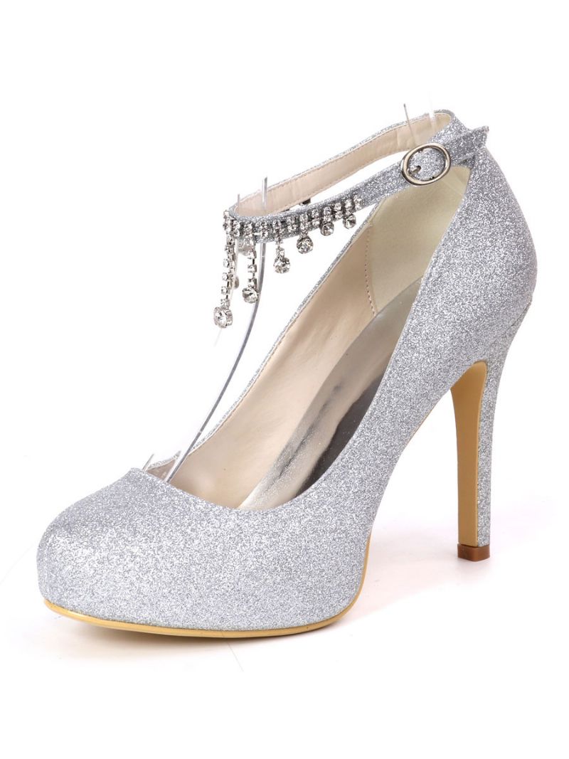 Dam Rhinestones Ankelrem Rund Toe Brudpumpar - Silver