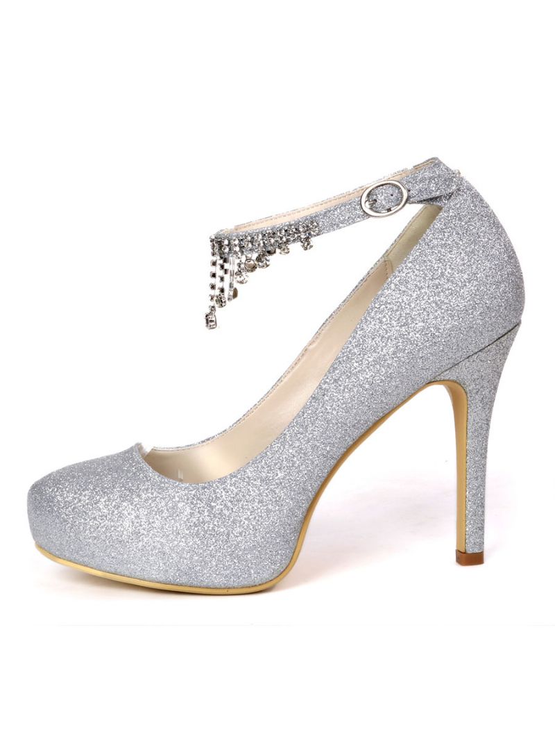 Dam Rhinestones Ankelrem Rund Toe Brudpumpar - Silver