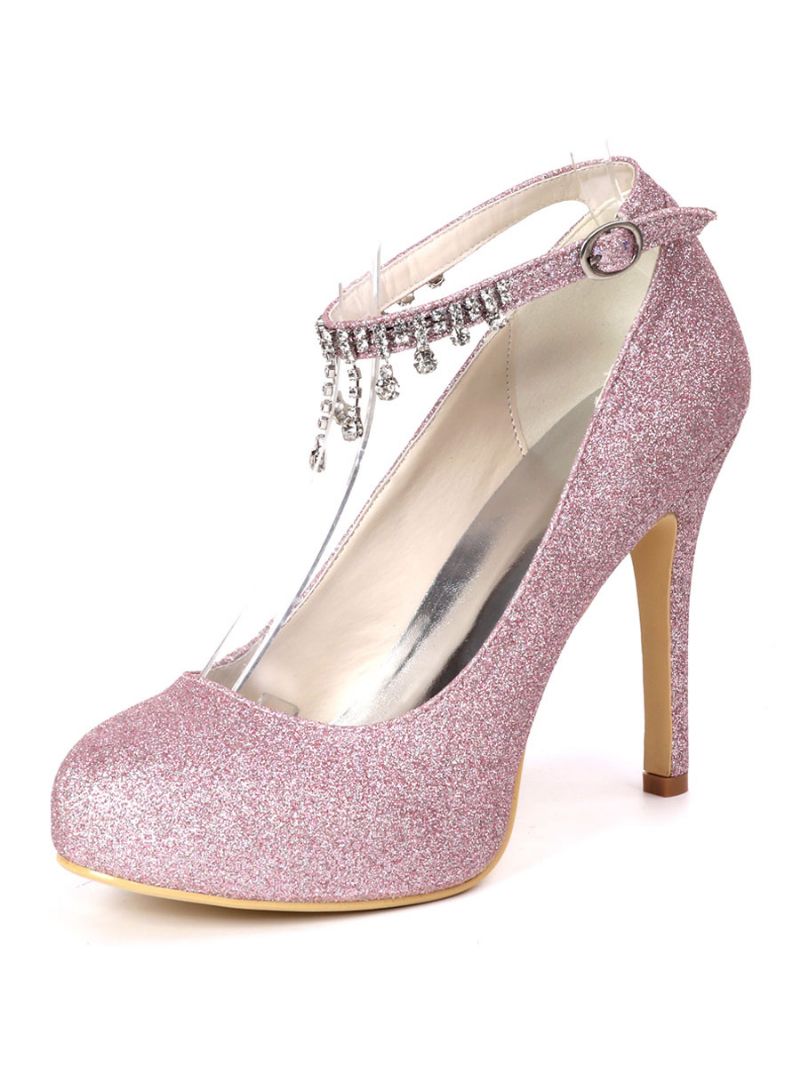 Dam Rhinestones Ankelrem Rund Toe Brudpumpar - Fuchsia Rosa