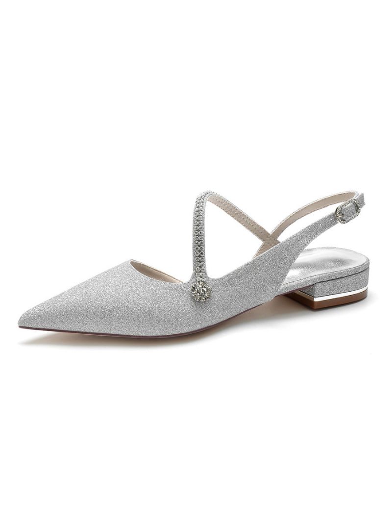 Damer Rhinestones Strap Slingback Bridal Platta Skor - Silver