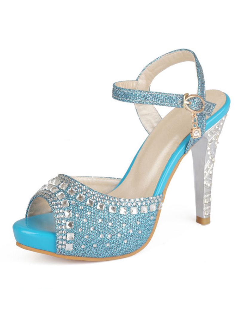 Guld Aftonskor Dam Peep Toe Strass Sandaler Med Hög Klack Mother Of The Bride Skor - Blå