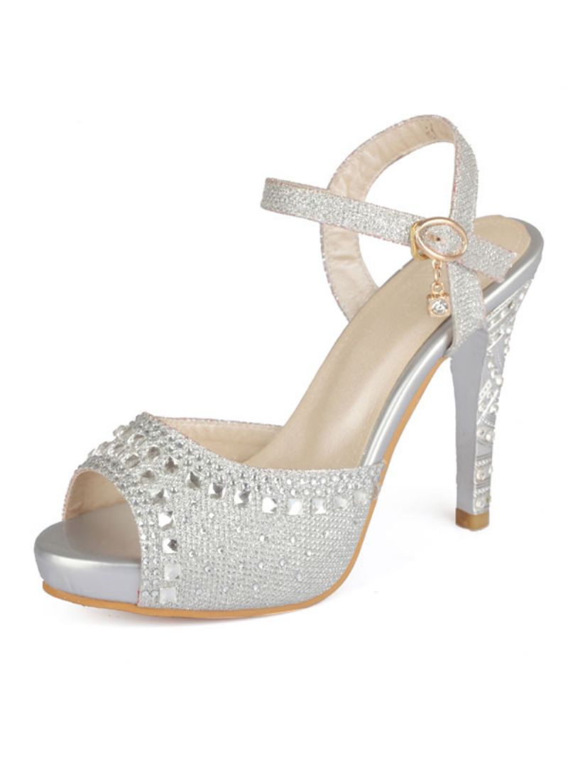 Guld Aftonskor Dam Peep Toe Strass Sandaler Med Hög Klack Mother Of The Bride Skor - Silver