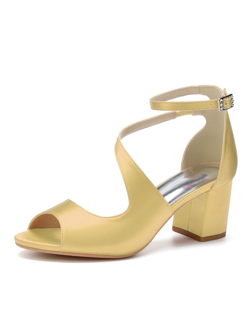 Kvinnor Satin Block Heel Ankel Strap Bröllopssandaler - Guld