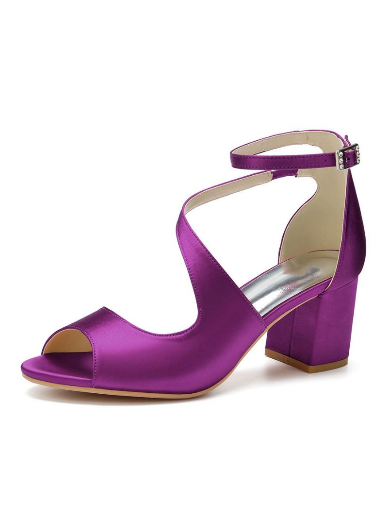 Kvinnor Satin Block Heel Ankel Strap Bröllopssandaler - Plumm