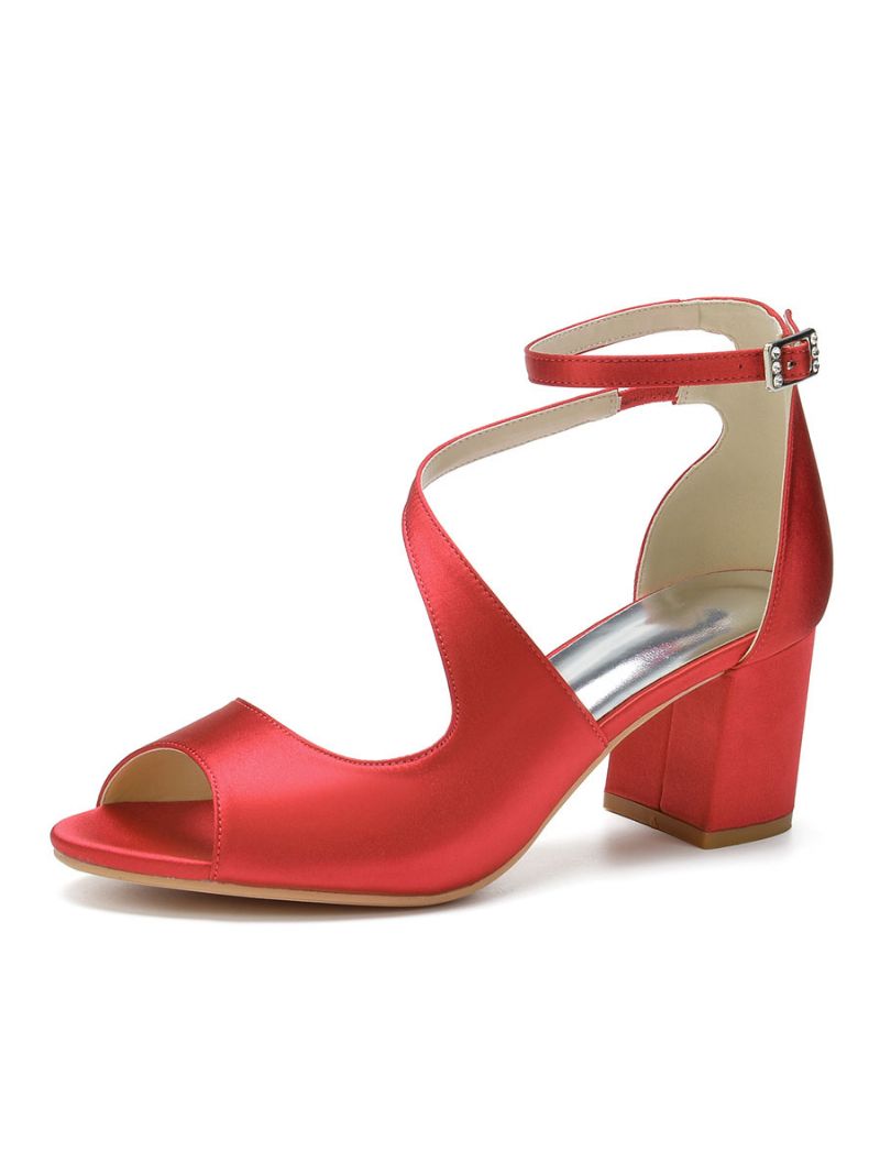 Kvinnor Satin Block Heel Ankel Strap Bröllopssandaler - Turrött