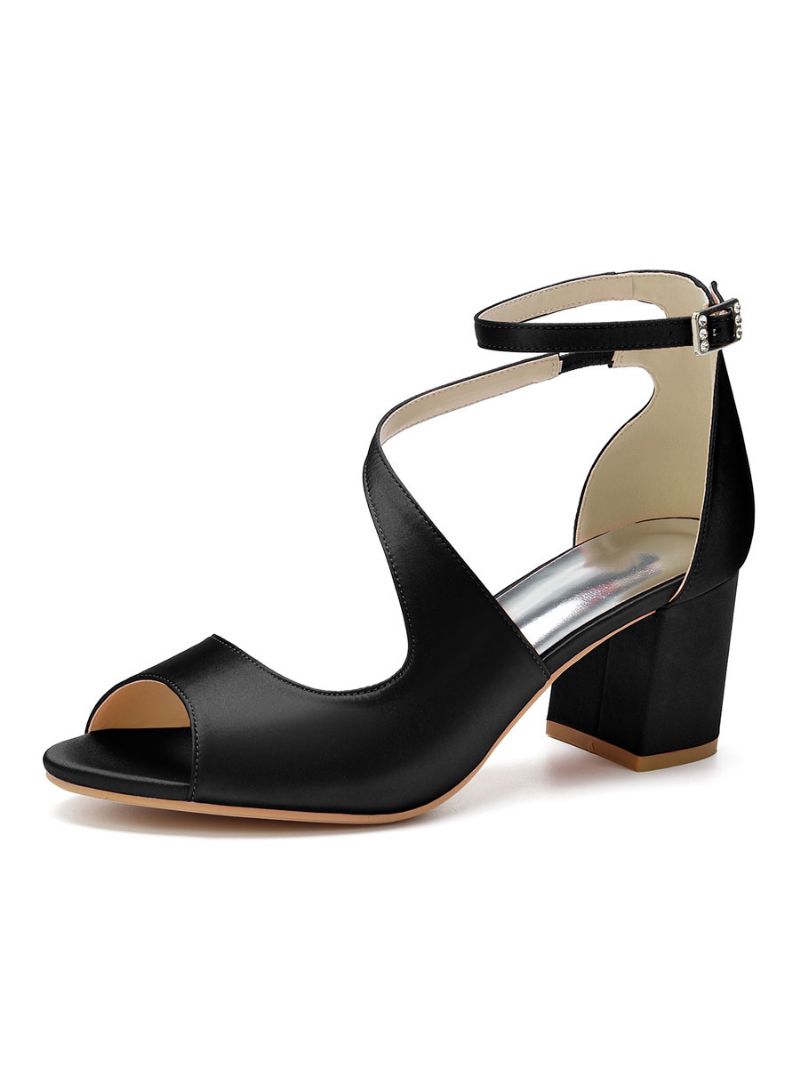 Kvinnor Satin Block Heel Ankel Strap Bröllopssandaler - Svart