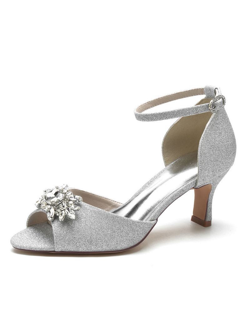 Kvinnors Ankelrem Brudskor Chunky Heel Peep Toe Sandaler - Silver